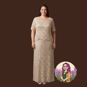 VTG Patra Woman Champagne Gold Beaded Lace 2pc Gown Evening Formal Dress Size 22